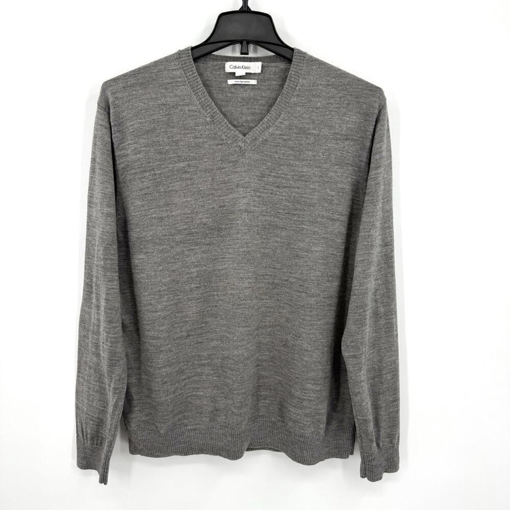 CK Calvin Klein Extra Fine Merino Wool V-Neck Gray Sweater Men’s Size Large